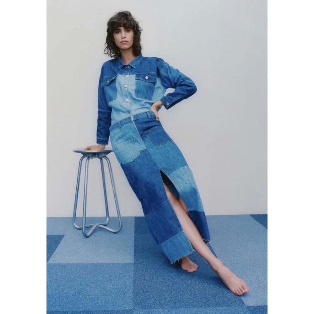 NWT‎ Zara The 90s Colour Blocking Skirt Medium Blue Patchwork Denim Midi Slit
